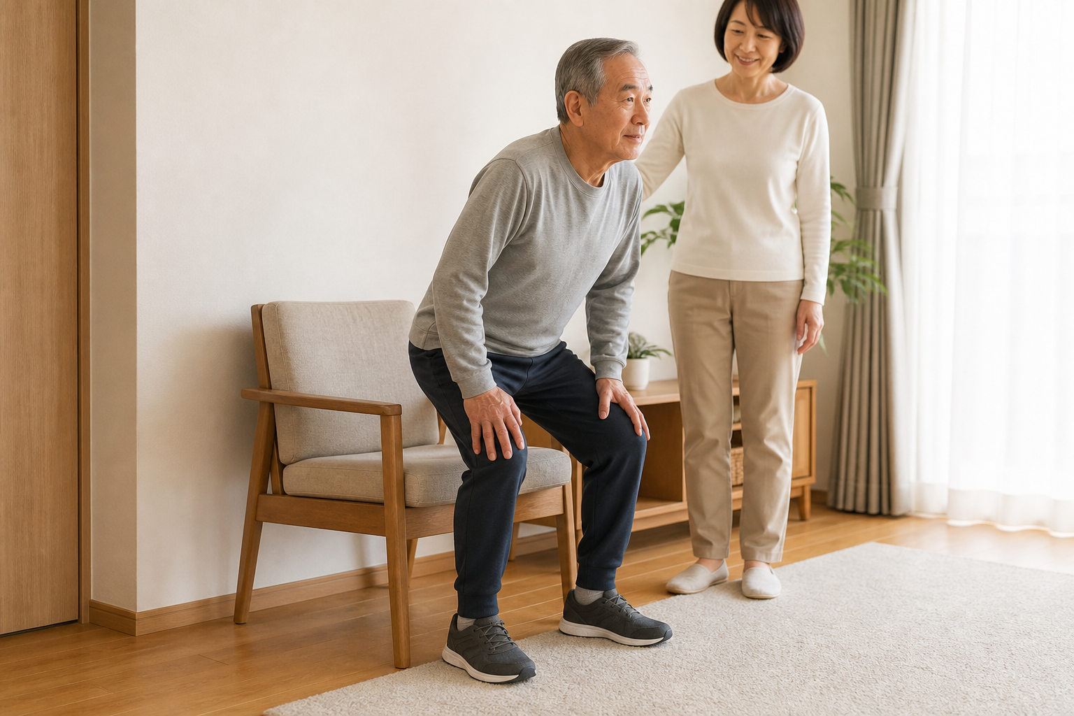 変形性膝関節症のある高齢者が自宅で安全に椅子から立ち上がる様子
