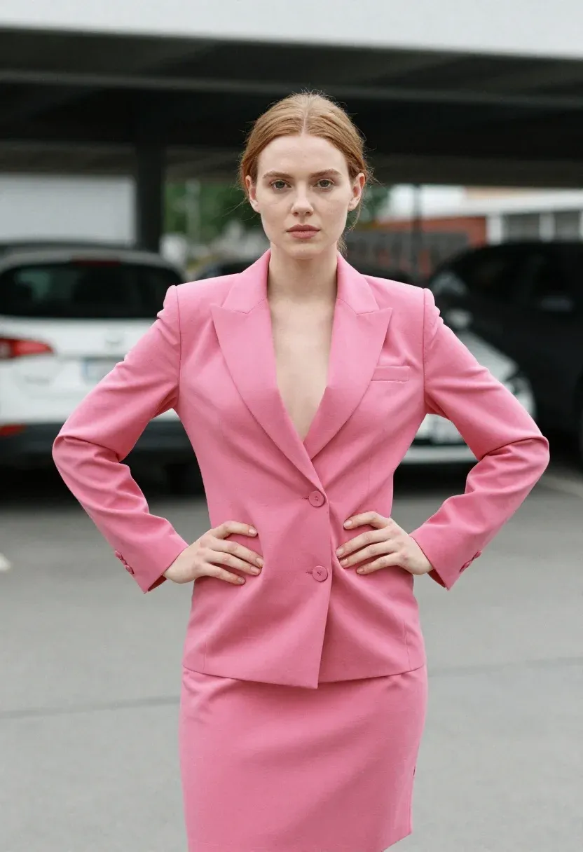 Petite woman in a structured fuchsia pink blazer dress standing with one hand on hip in a confident pose