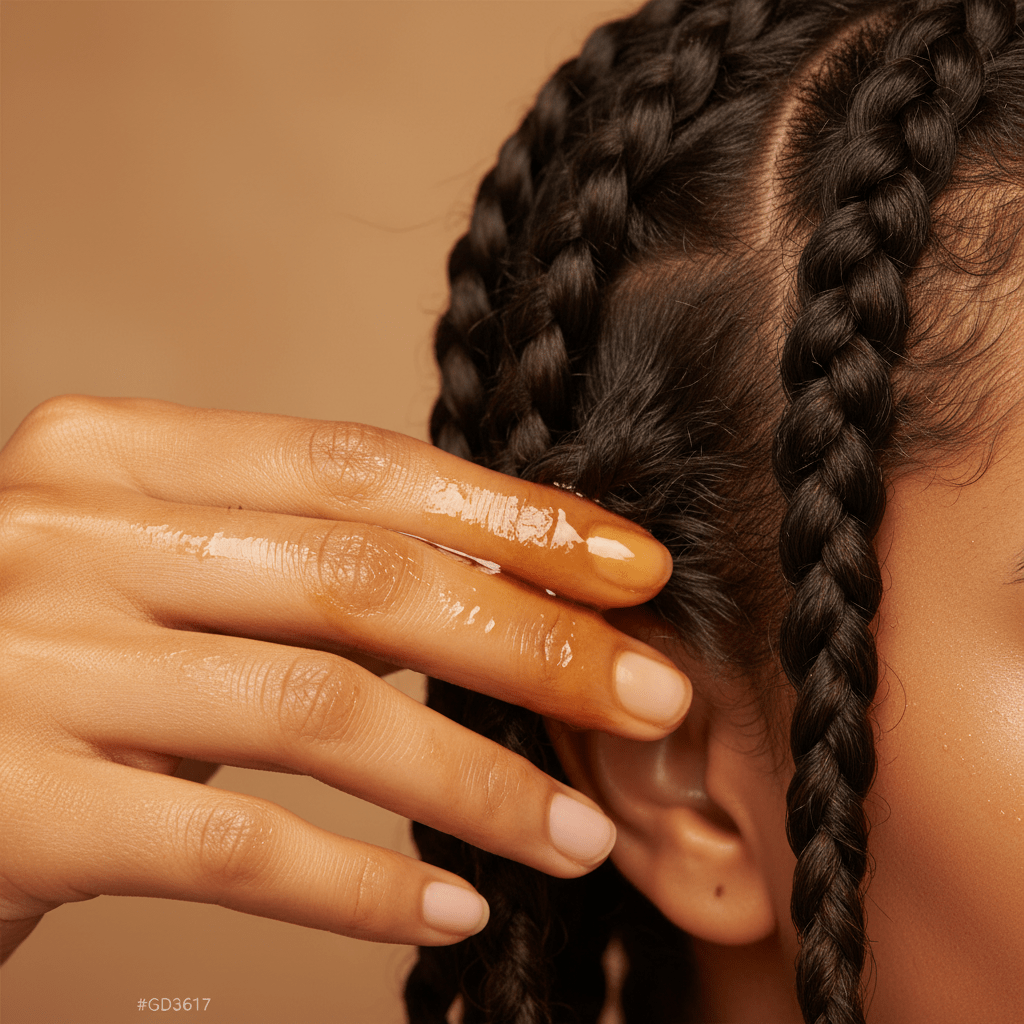 Hands applying natural hair wax to twists and edges with a glossy, controlled finish