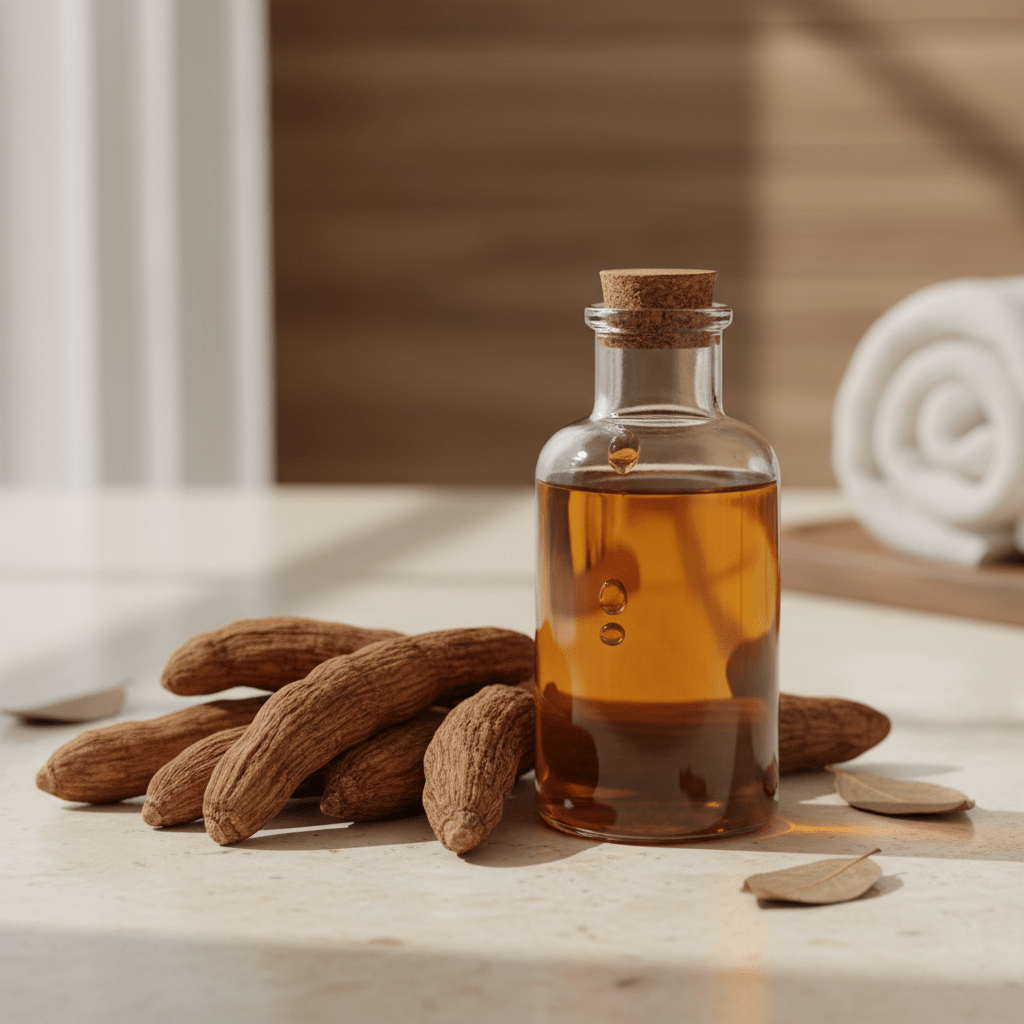Ashwagandha roots and warm oil bottle on clean spa surface