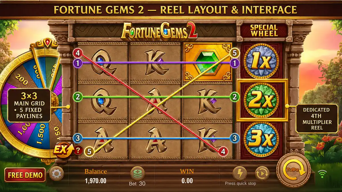 Main 3×3 game grid accompanied by the special 4th multiplier reel in Fortune Gems 2