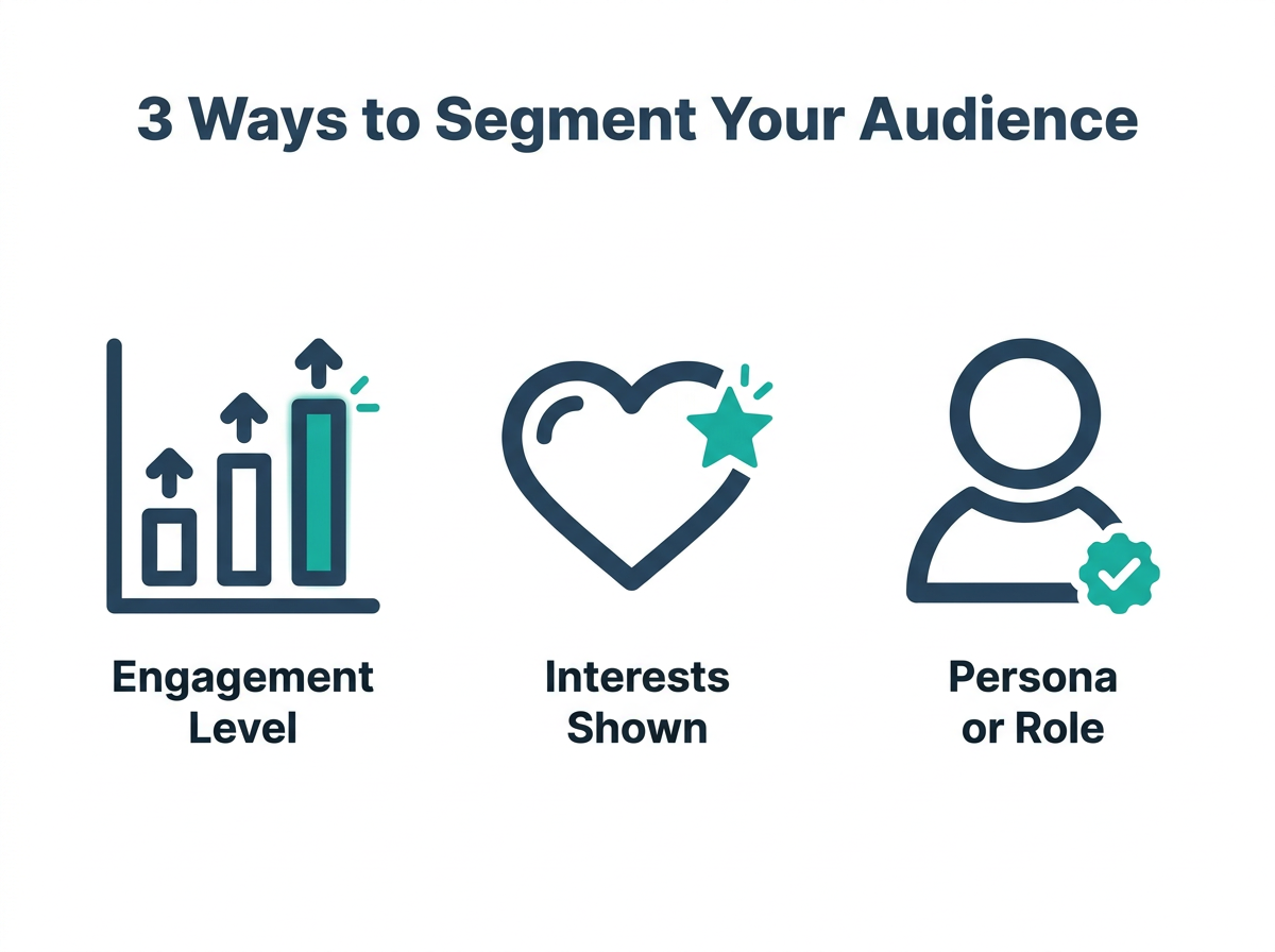 A diagram illustrating three methods for audience segmentation: by engagement level, interests shown, and persona or role.