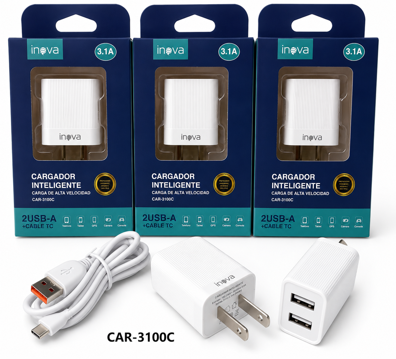 Cargador 3.1A Dual + cable Tipo C