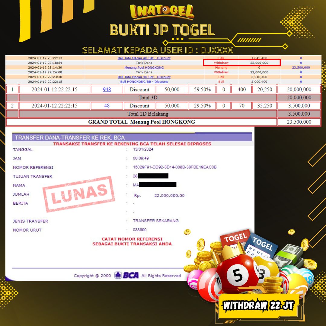 BUKTI PEMBAYARAN JP TOGEL HONGKONG Rp22,000,000,- LUNAS