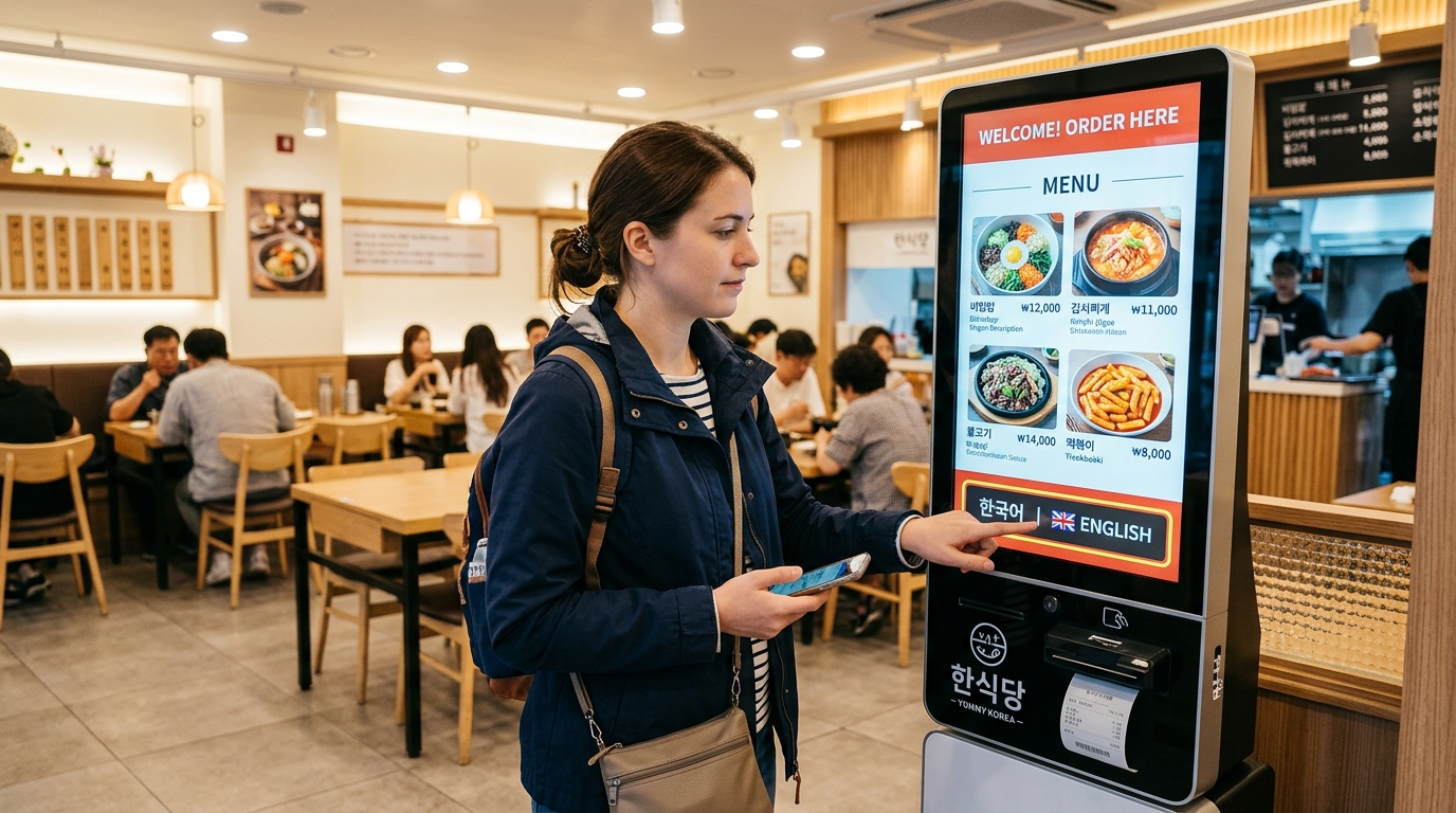 Traveler selecting English language option on Korean restaurant self-ordering kiosk