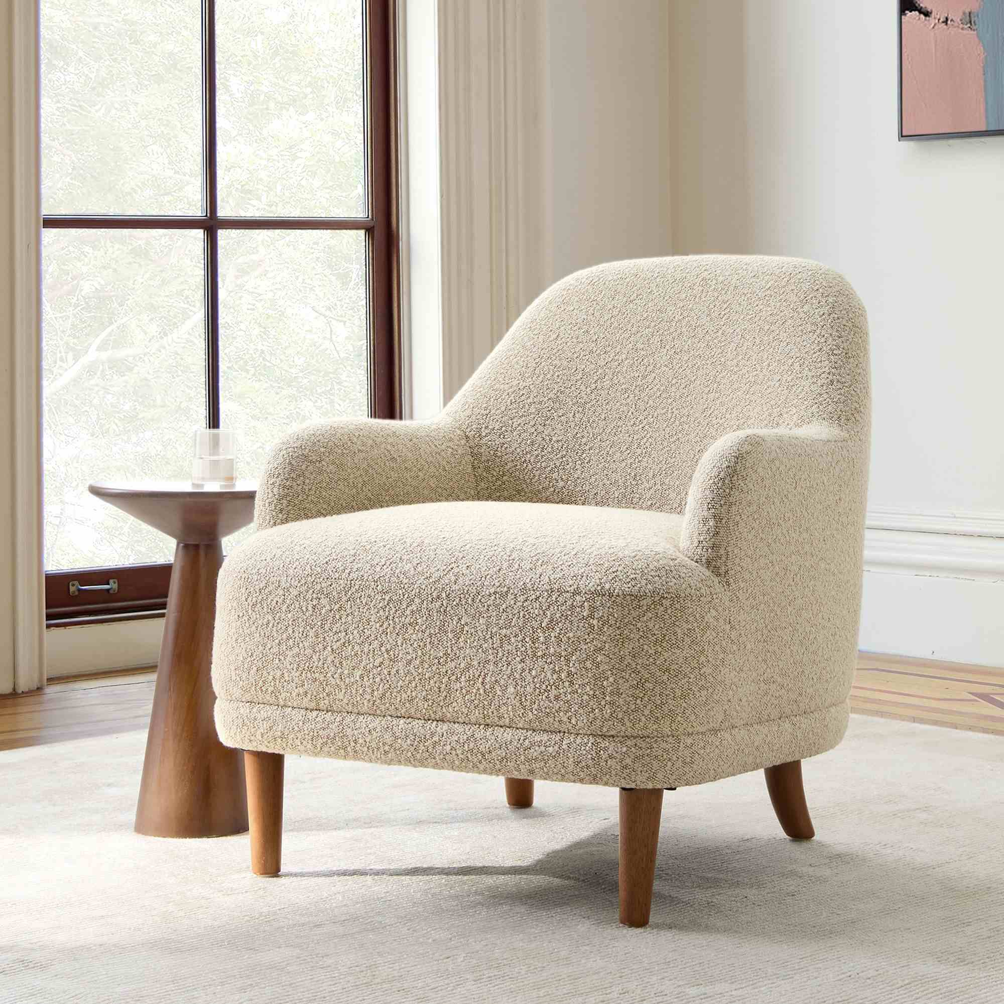 Cream Bouclé Lounge Chair – Modern Accent Chair with Wooden Legs