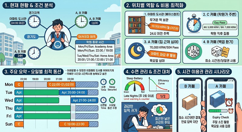 고2 맞춤형 스터디카페 및 독서실 4트랙 이용 전략 인포그래픽 — 현재 현황 및 조건 분석, 위치별 역할 및 비용 최적화, 요일별 최적 동선, 수면 관리 및 조건 대처, 시간 이용권 관리 시나리오 5개 섹션으로 구성
