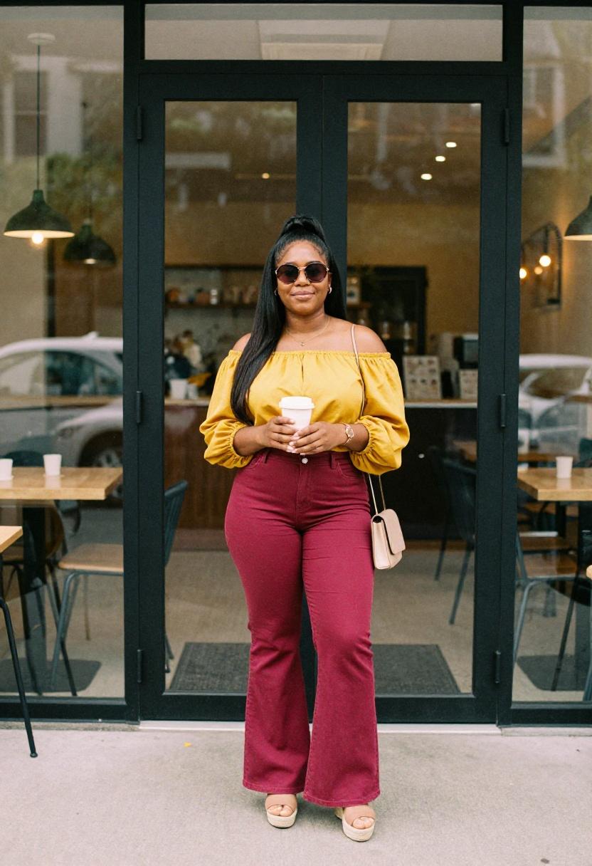 Curvy woman in fuchsia flare jeans and mustard off-shoulder top outside café entrance