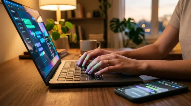Hands hovering over laptop with AI assistant glow reflecting on desk, contemplative mood