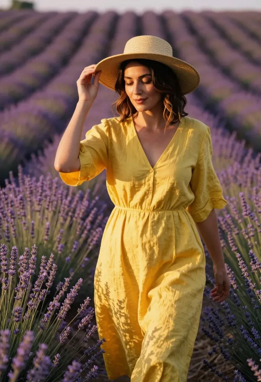 Woman in a canary yellow linen midi dress walking serenely through a golden-lit lavender field