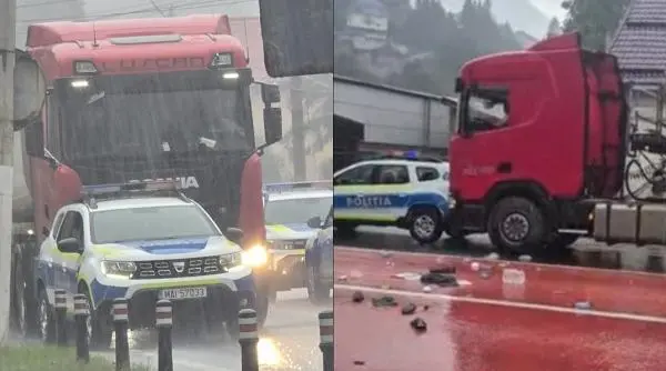 Șofer de TIR, scos cu forța din cabină după ce a lovit o autospecială de Poliție pe DN1