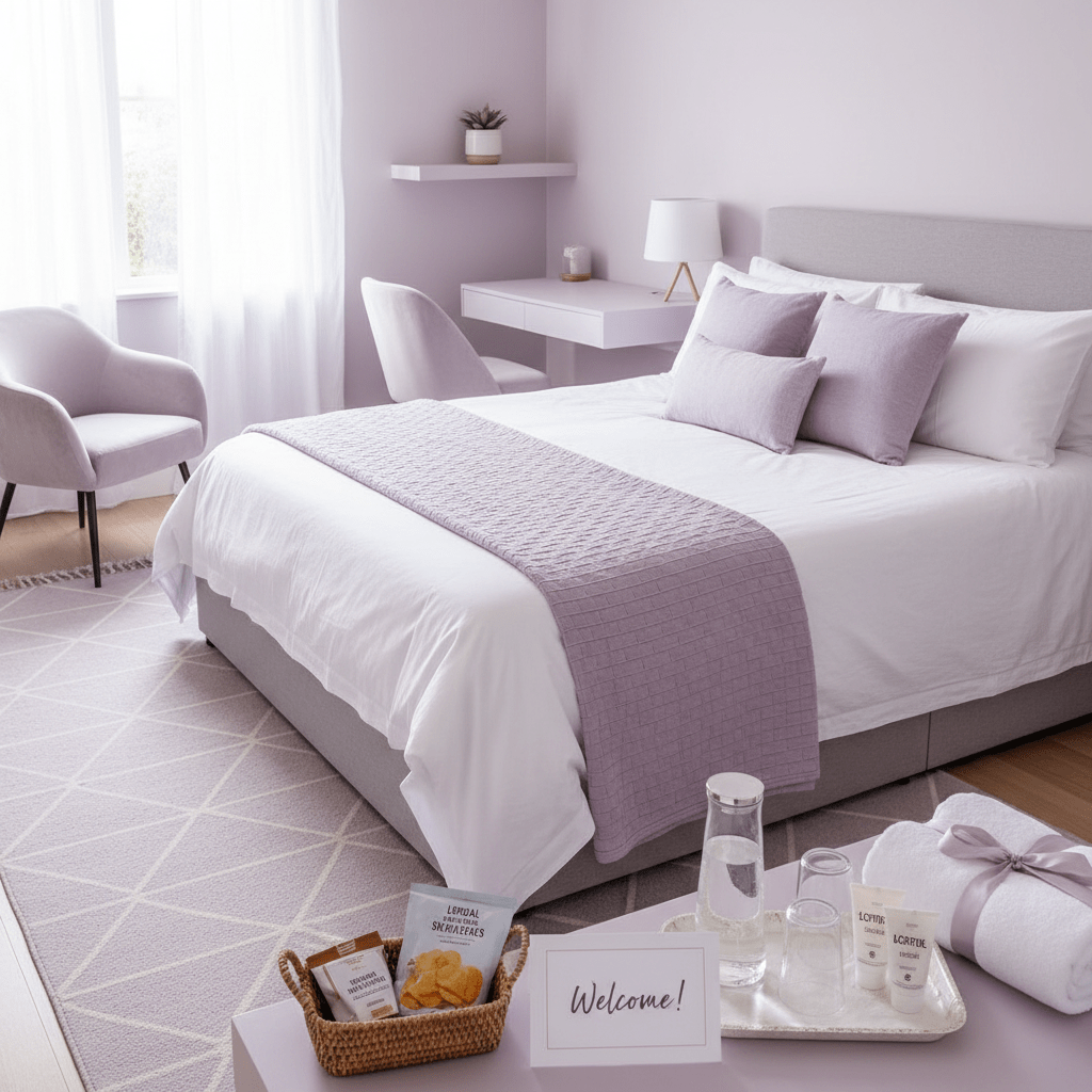 Clean Airbnb bedroom with welcome note and neatly arranged amenities