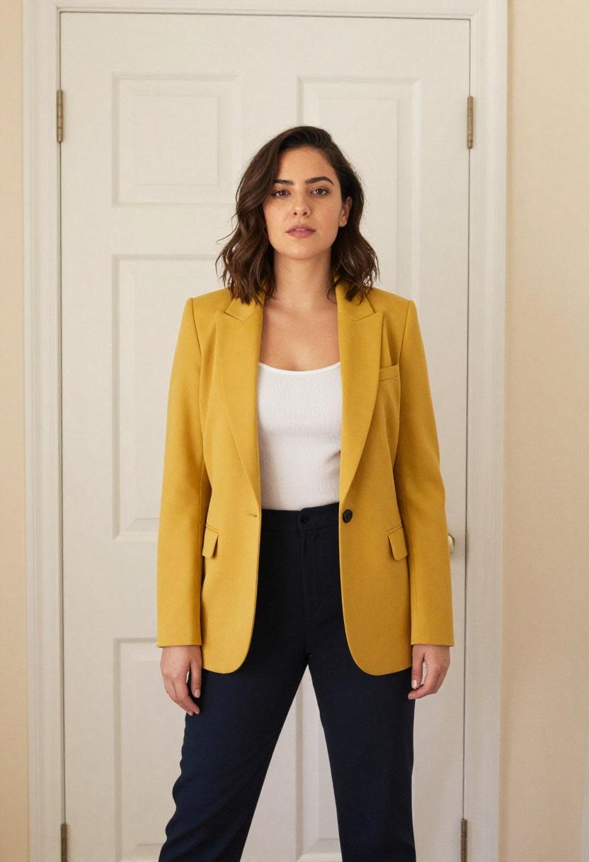Mustard yellow blazer over white camisole and navy trousers for versatile WFH chic