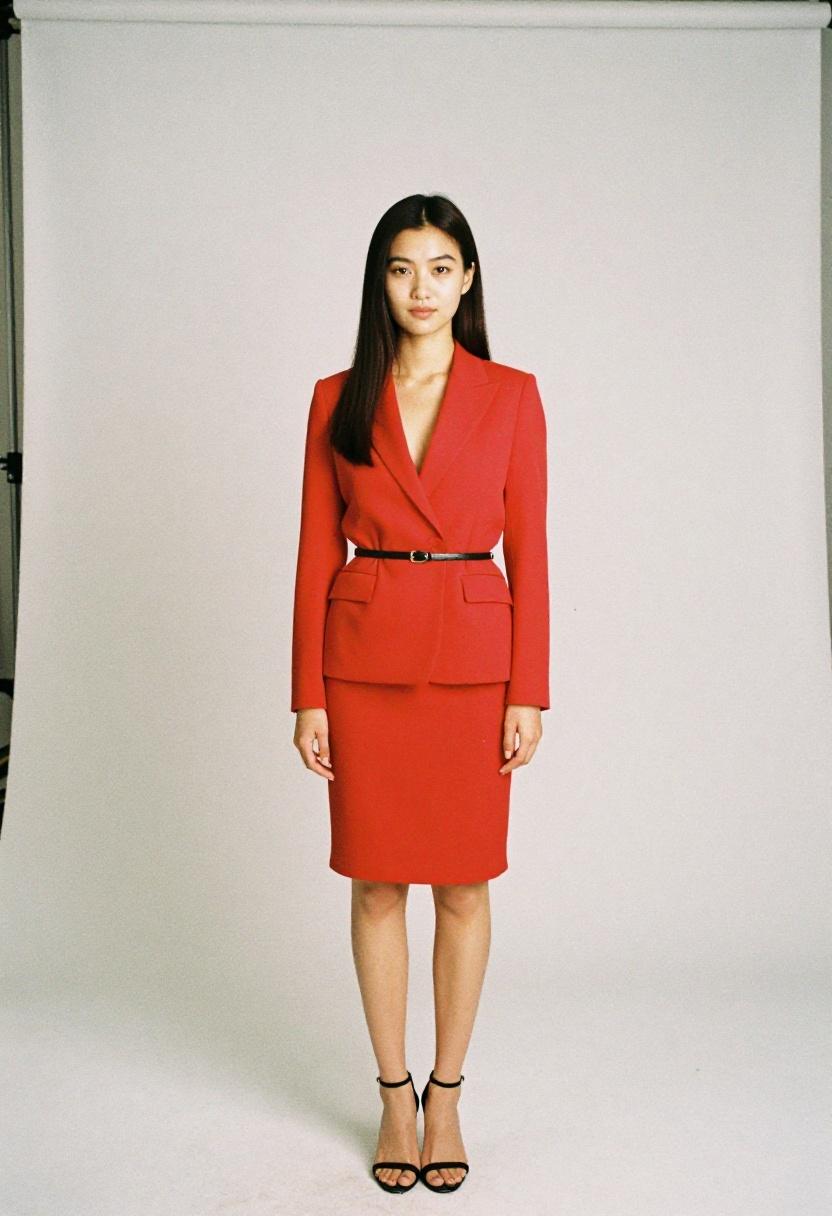 Crimson red collarless skirt suit sleek accessories bold modern corporate power