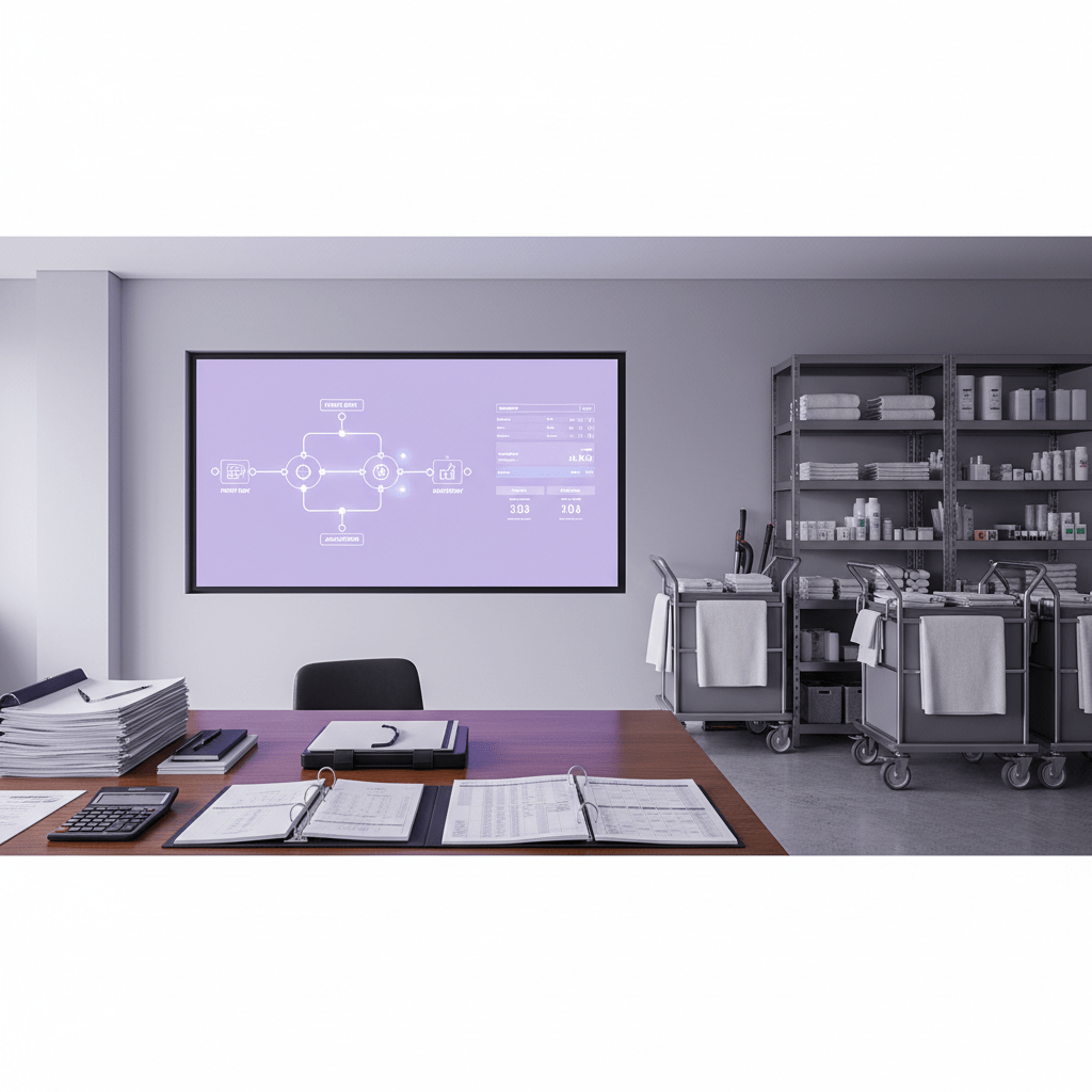 Integrated hotel operations workflow with dashboard and departments