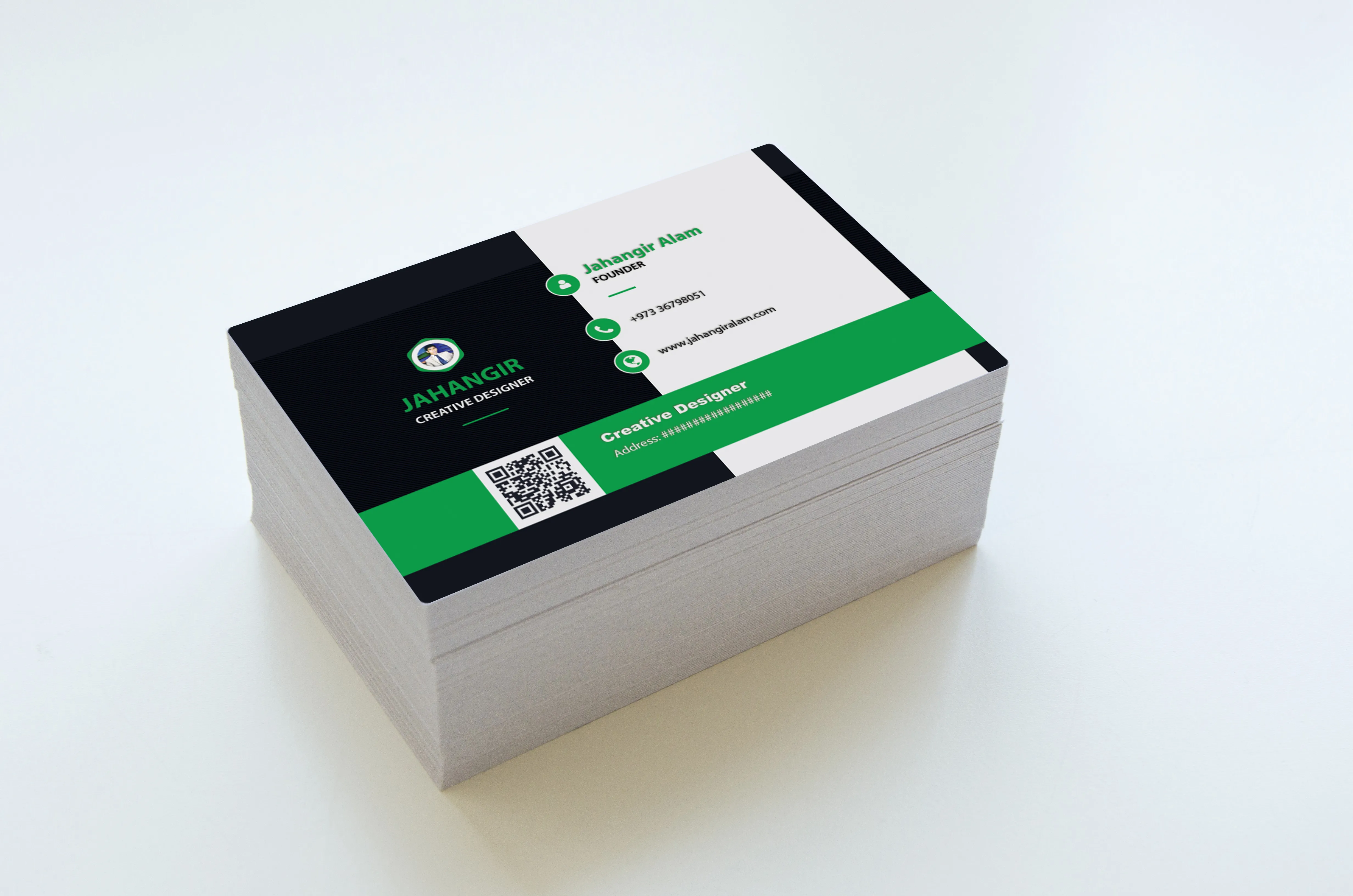 A stack of modern black, white, and green business cards for Jahangir Alam, a Creative Designer. Jahangir