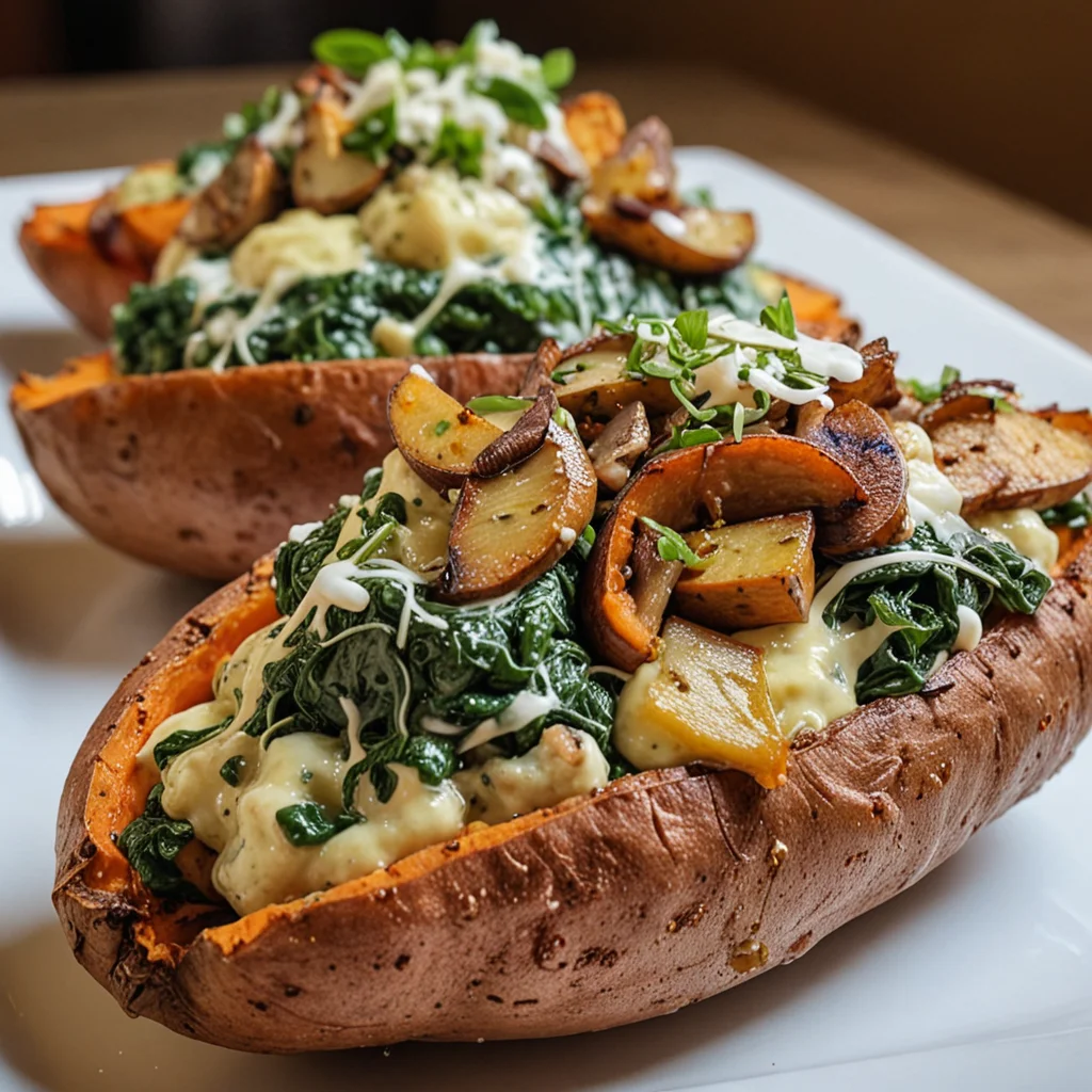 Creamy Mushroom Spinach Stuffed Sweet Potatoes Pleasure!