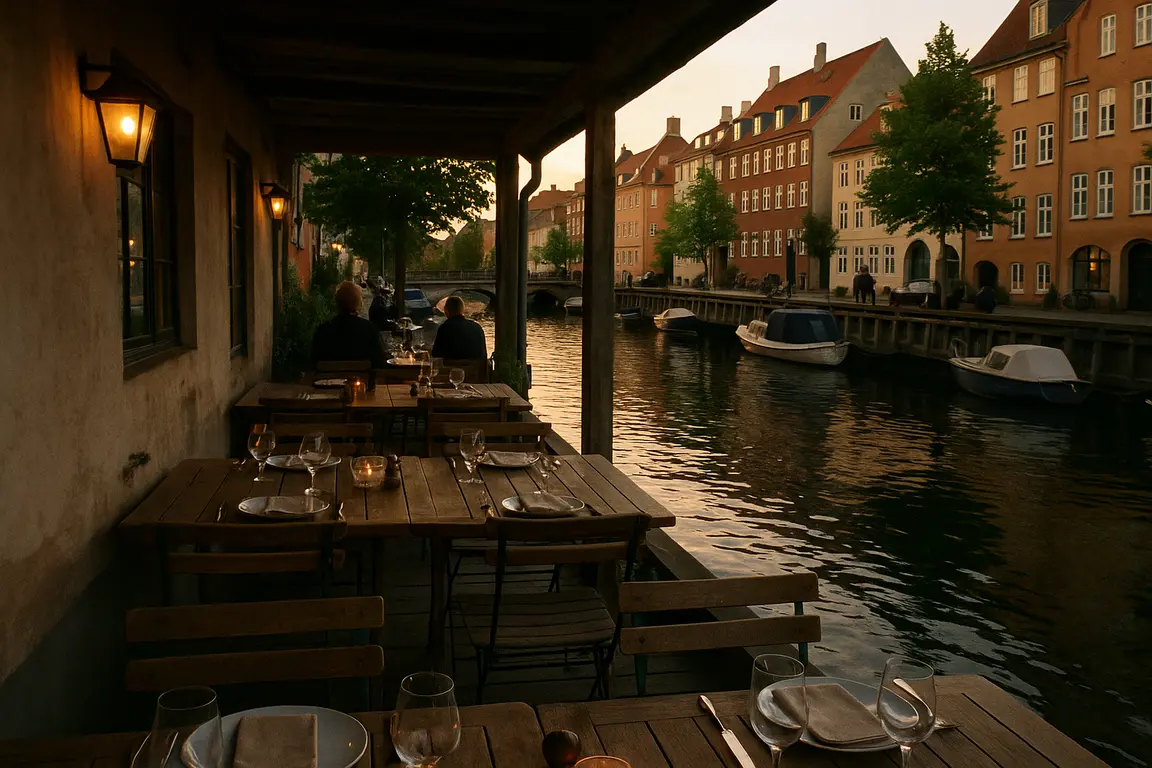 Rustik restaurant med bord ved kanalens vandkant i Christianshavn