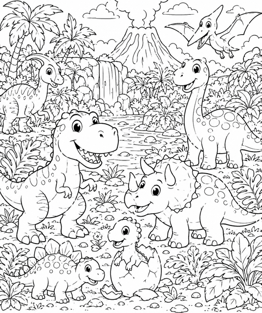 Printable Dinosaur Jungle Adventure colouring page for kids