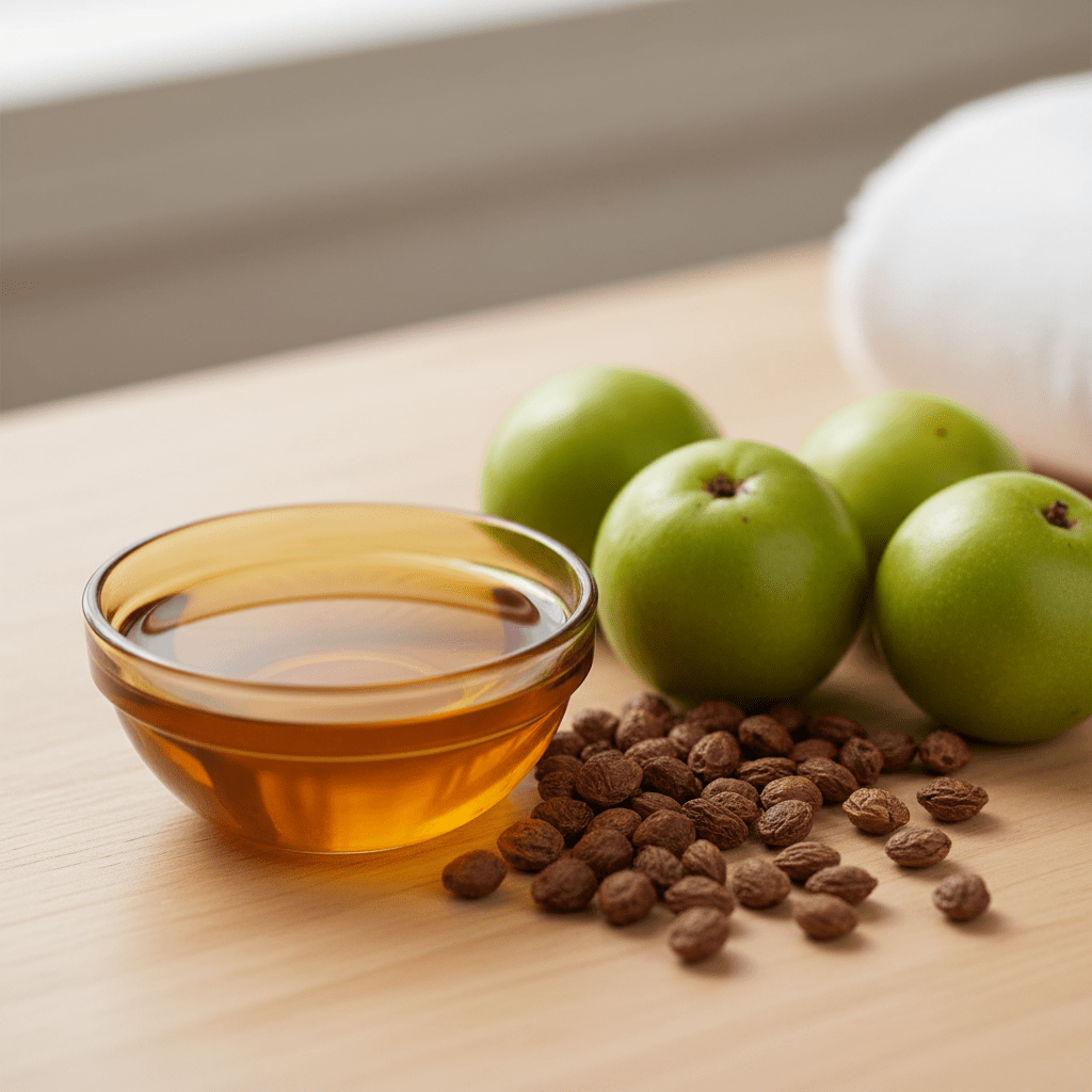 Cold-pressed amla seed oil with seeds and fresh fruit
