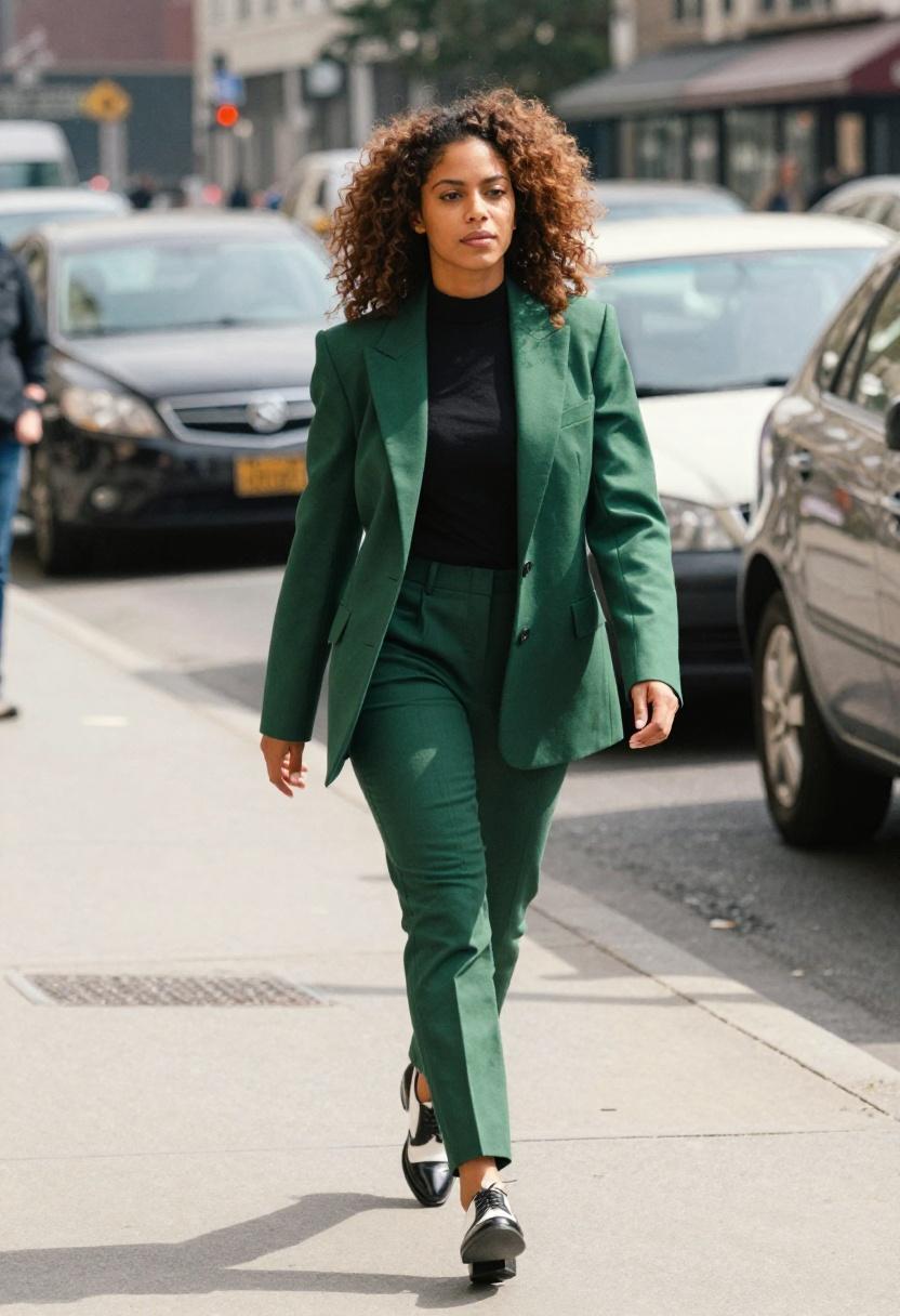 Emerald green structured blazer with slim trousers and two-tone Oxford shoes on city street