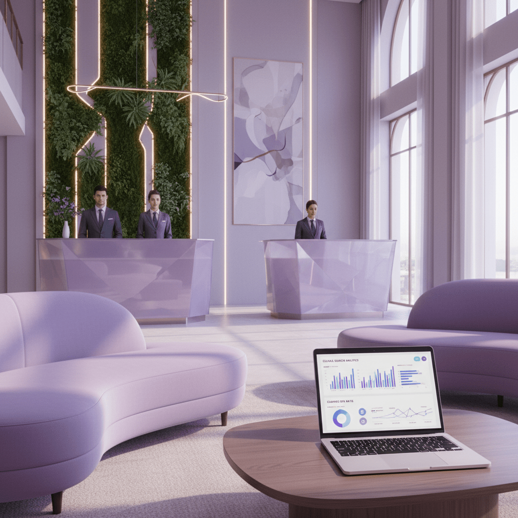 Photorealistic hotel lobby with laptop analytics and OTA booking comparison