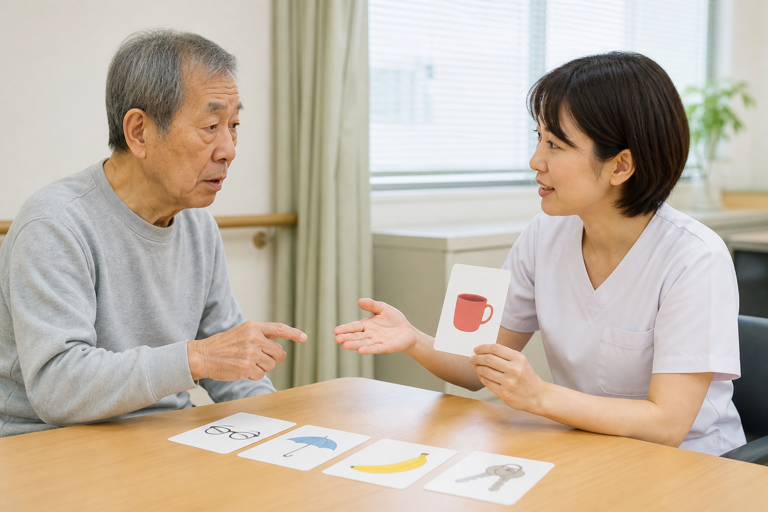 脳卒中後の失語症に対して絵カードを用いた言語訓練を行う高齢者と言語聴覚士