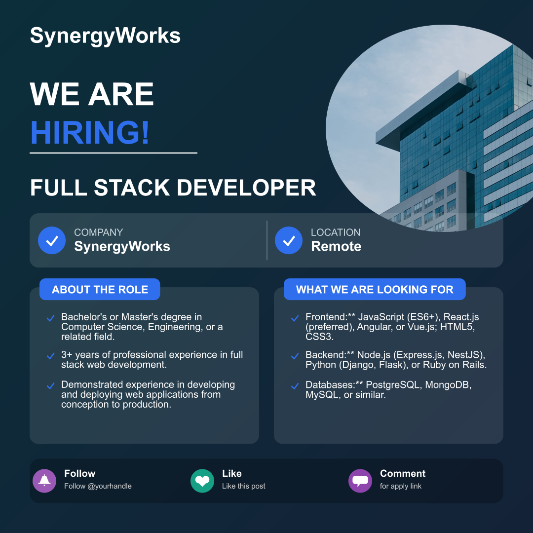 SynergyWorks Hiring | Full Stack Developer | Apply Now