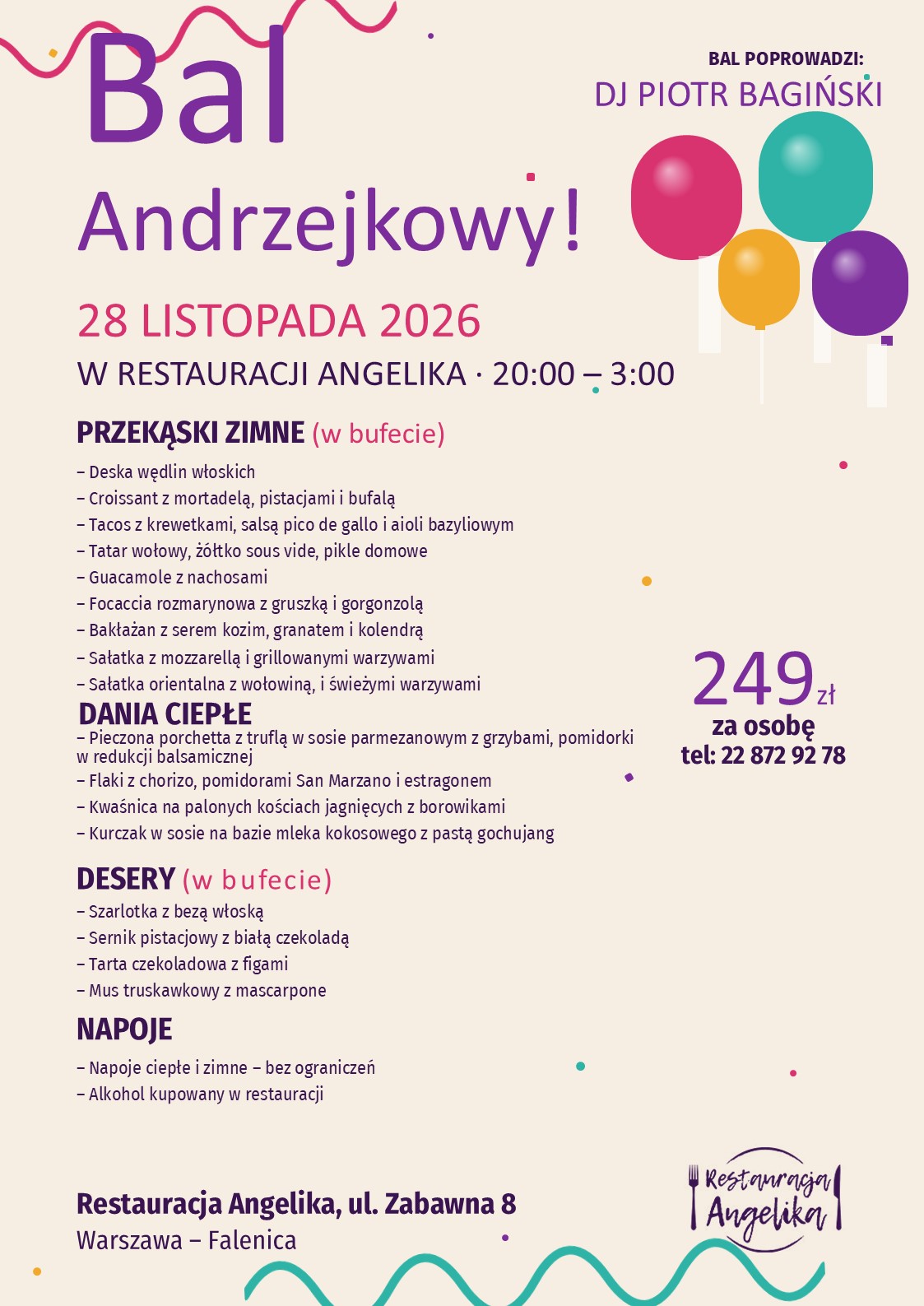 Bal Andrzejkowy 28 listopada 2026 w Restauracji Angelika – plakat z menu, 249 zł za osobę