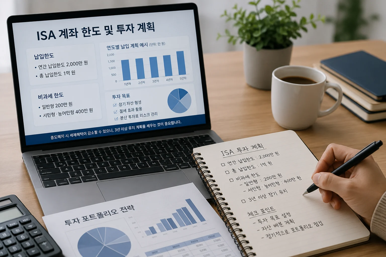 ISA 계좌 한도와 투자 계획을 정리하는 노트북 화면
