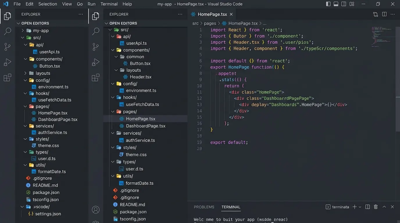 Captura de pantalla de Visual Studio Code mostrando código de un clon genérico con advertencias de calidad de código