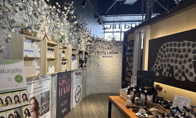 Natural and organic haircare products displayed at a salon