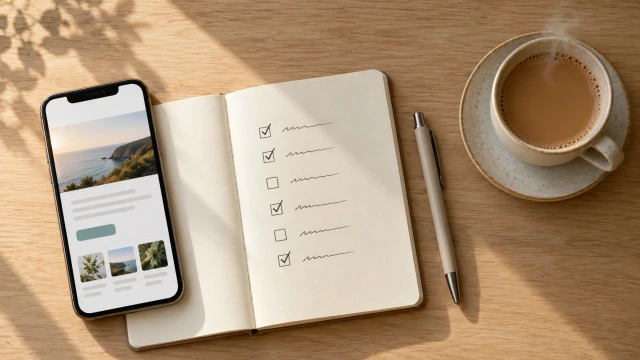 Desk with phone and notebook checklist for auditing a landing page