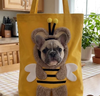 Pet inside the carrier bag on a kitchen counter