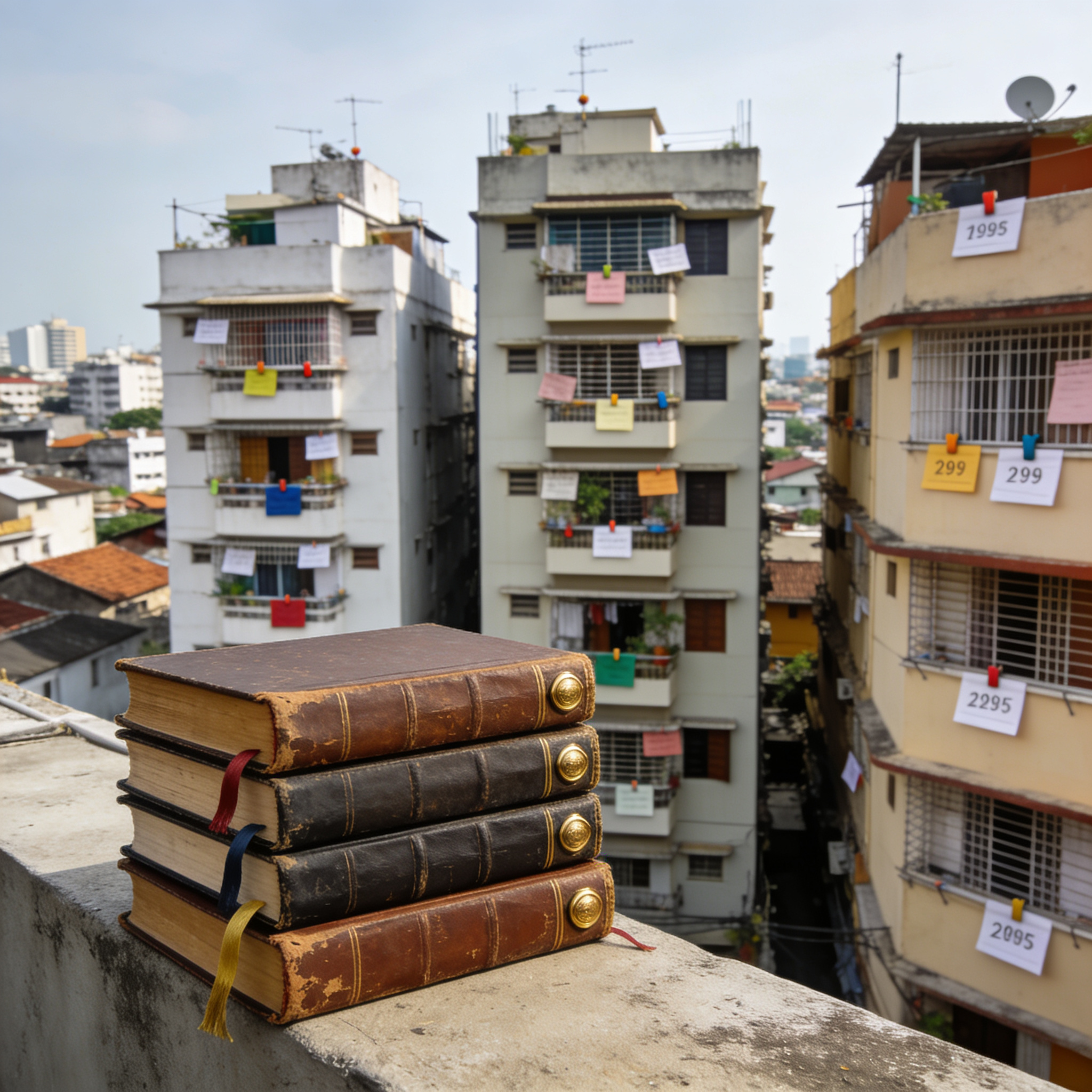 Rooftop stack of legal books with colorful price tags pinned across Colombo apartment buildings.