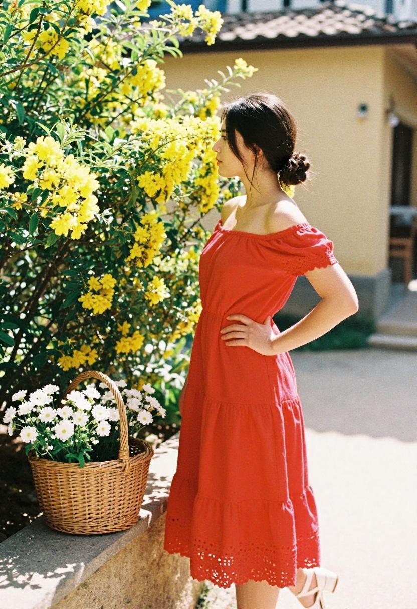 Cherry red off-shoulder dress worn against a blooming garden backdrop for a romantic outdoor promposal