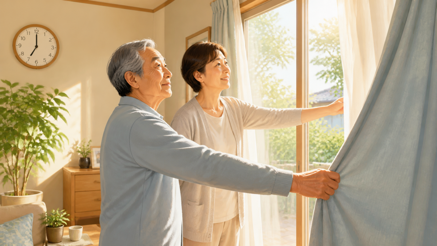 認知症のある高齢者と家族が朝にカーテンを開けて光を取り入れる様子
