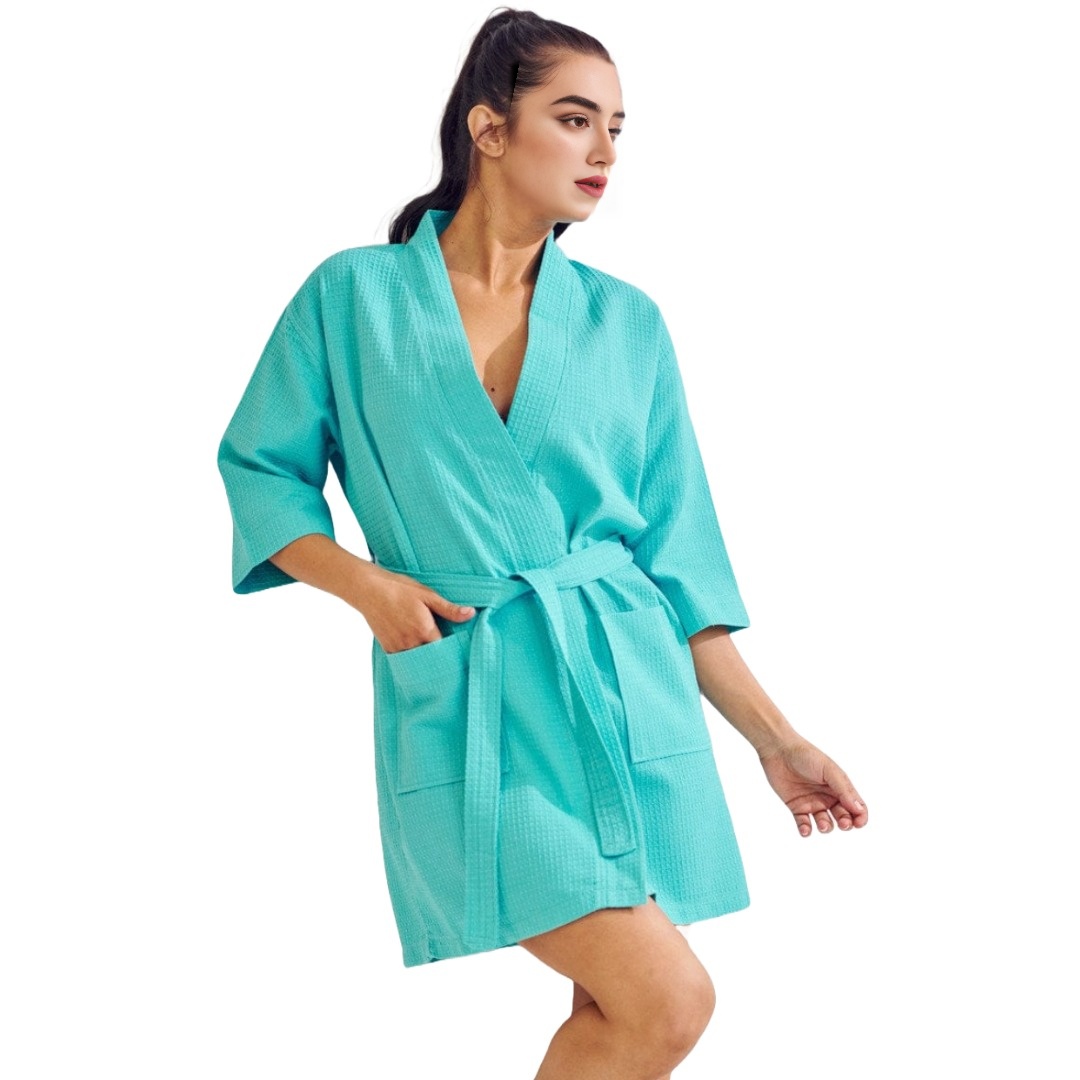 Women's Short Cotton Blend Waffle Kimono Turquoise Bathrobe (One Size) view 2