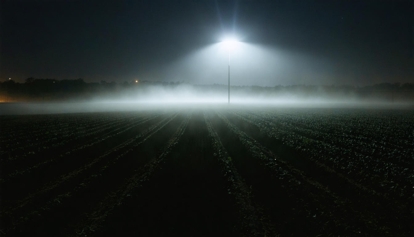 A dark agricultural field at night with a single surveillance-style floodlight illuminating rows of crops from above, casting long shadows.