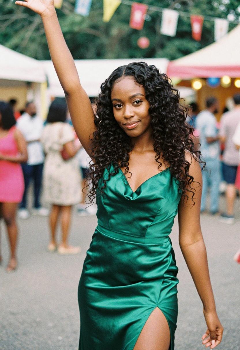Jewel-toned hunter green satin cowl-neck gown with thigh slit at a festive outdoor event