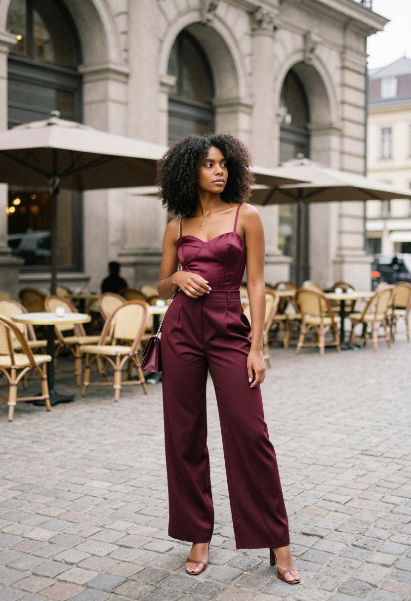 Tonal berry-plum corset and wide-leg trouser set making a sophisticated and striking date night statement
