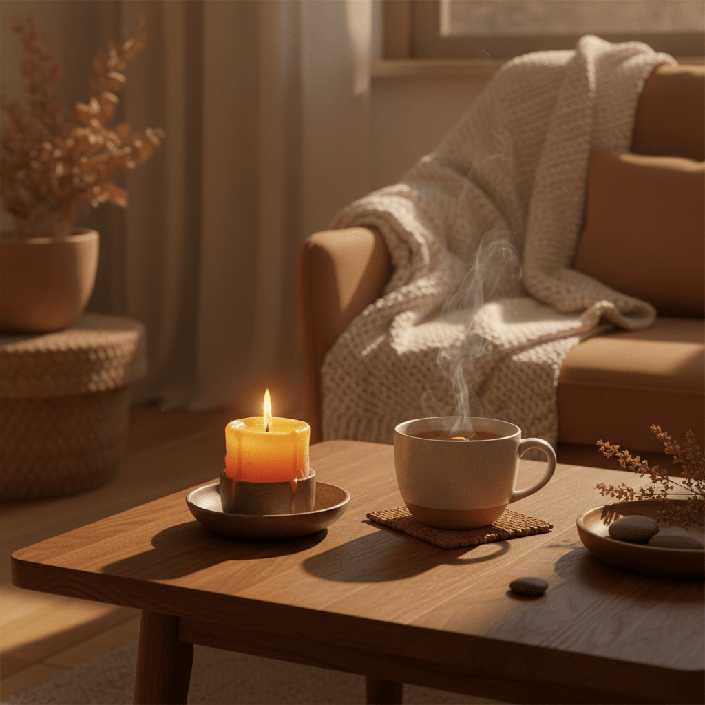 Cozy wellness home scene with a lit beeswax candle
