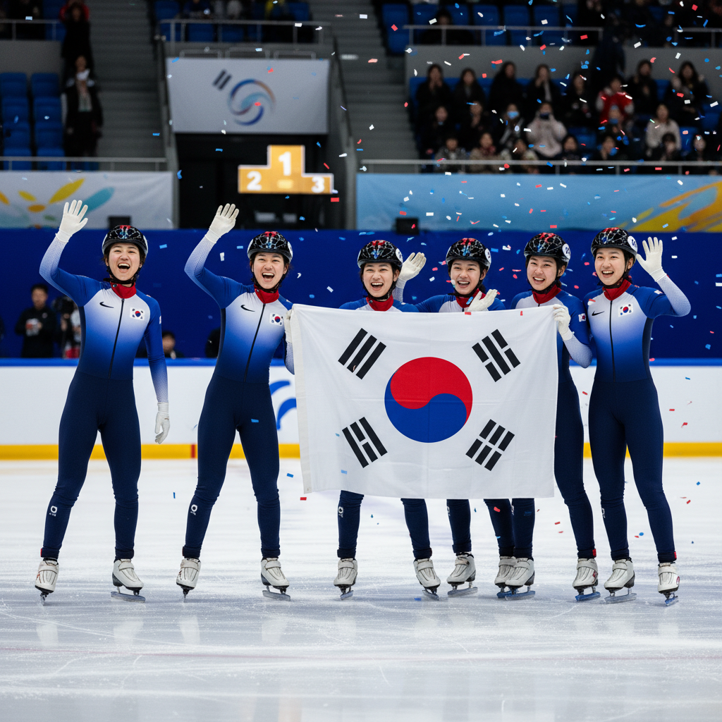 경기 종료 후 환호하며 태극기를 흔드는 대한민국 선수들