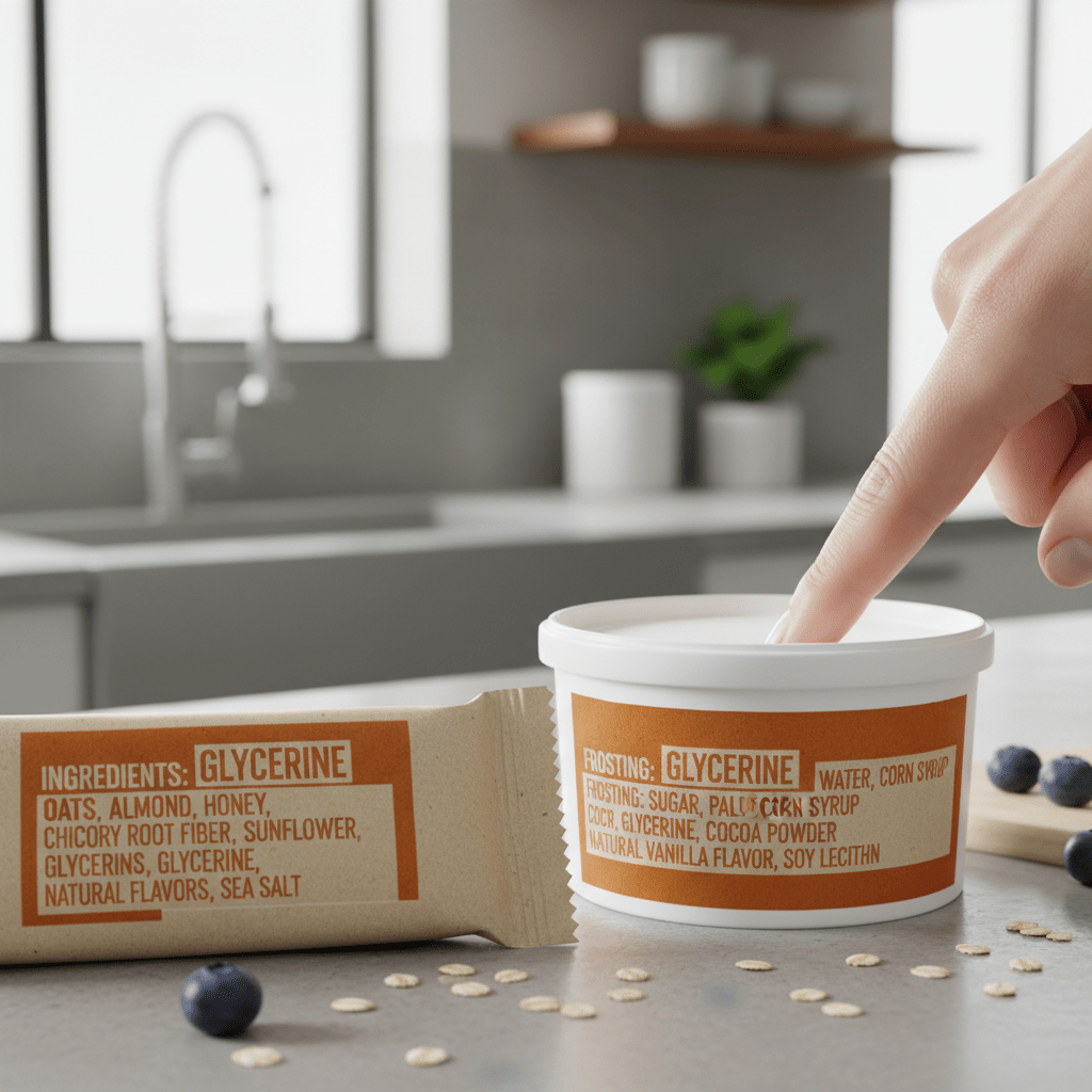 Close-up food label showing glycerine on a snack bar and frosting tub
