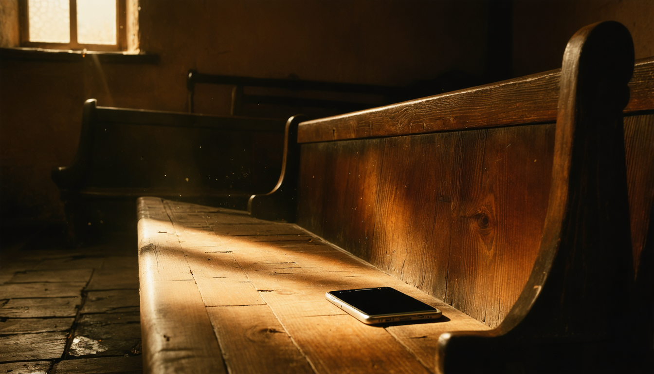 A glowing phone on a church pew, patiently waiting for the comfortable to discover what the congregation already knew.