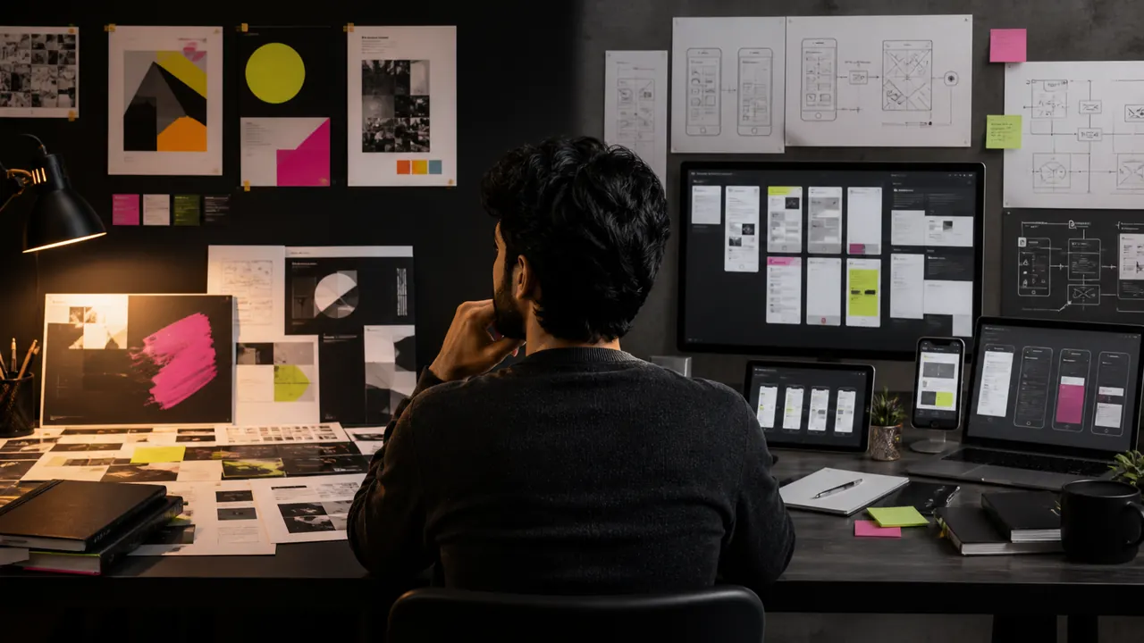 Side by side comparison of graphic design branding work and UI UX product prototypes