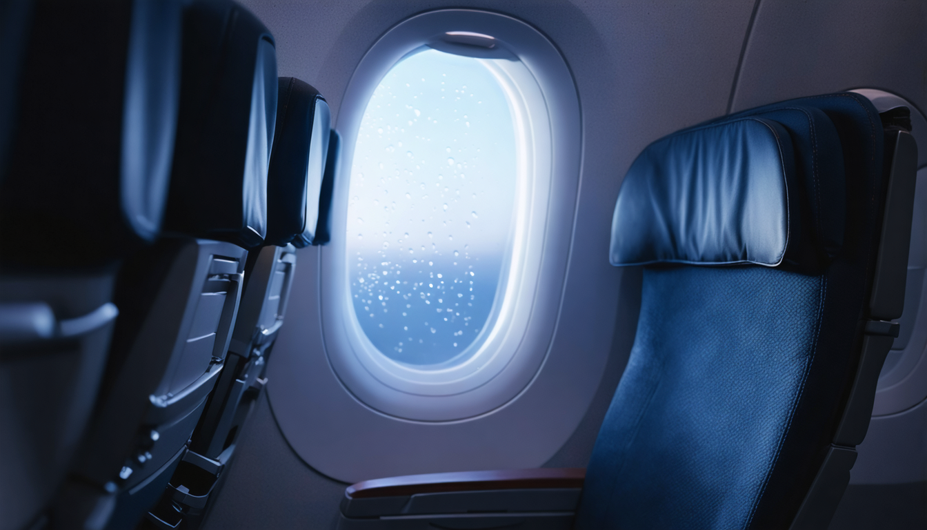 A closed airplane window shade with condensation on the glass, seen from inside a dim cabin.