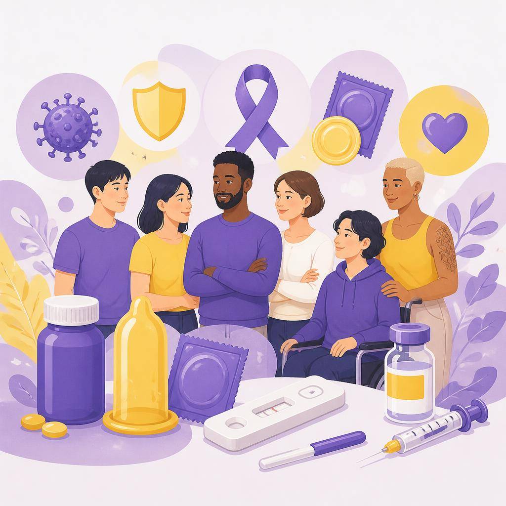 HIV 예방과 성건강을 설명하는 깔끔한 보건의료 일러스트. 약병, 콘돔, 검사 키트, HP