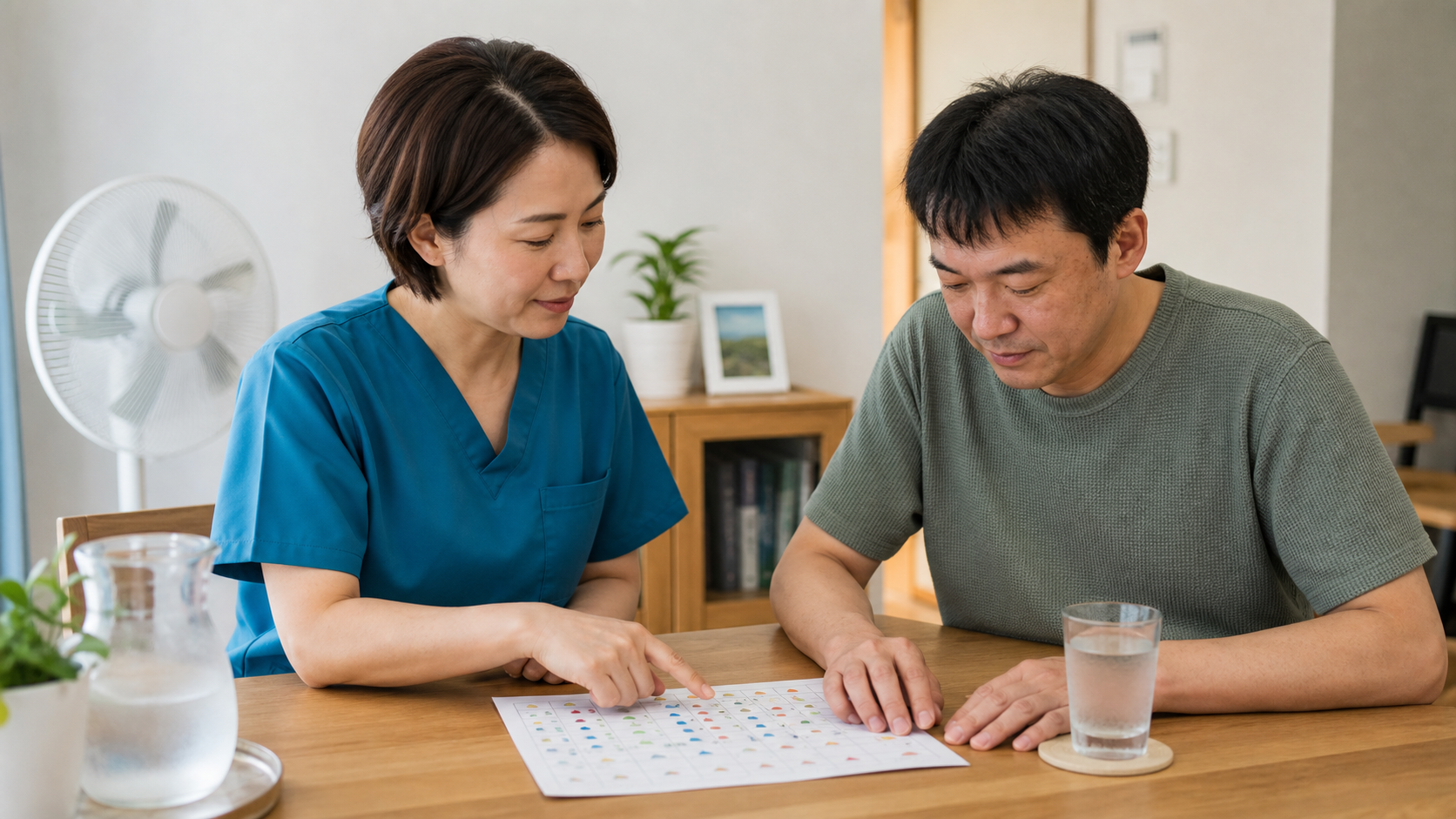 気温と症状と活動の記録を専門職と確認する様子