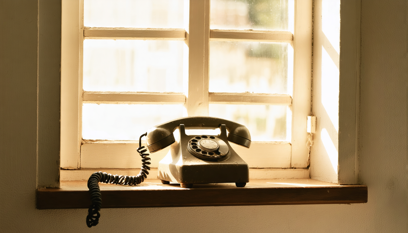 A dusty landline telephone sitting untouched on a windowsill, afternoon light casting long shadows across it.